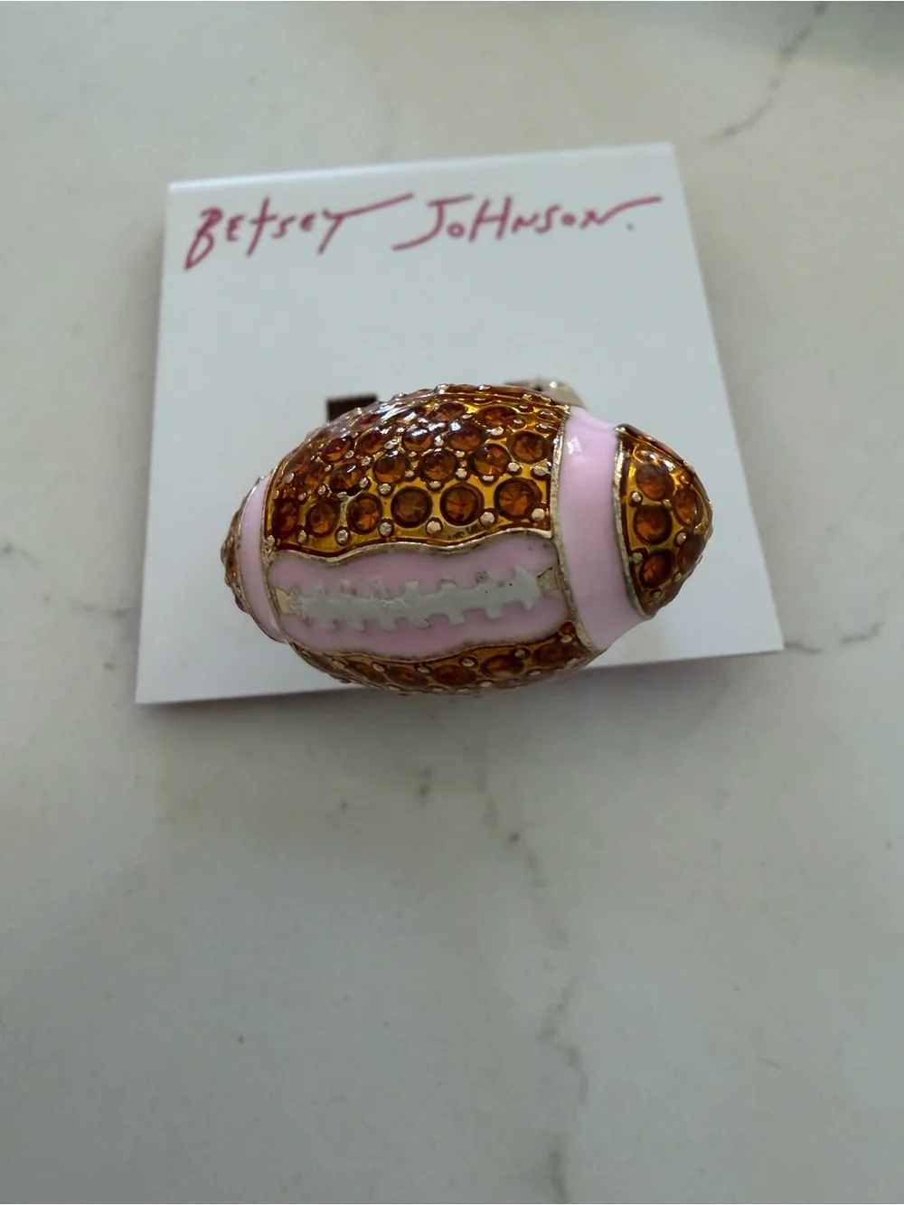 Betsey Johnson Pink Enamel & Amber Crystal Football Ring